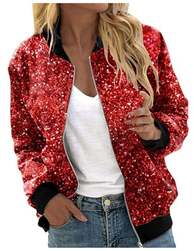 Glitzer Jacke Damen Bomberjacke Pailletten Bomber Jacke Pailettenjacke Slim Fit Langärmelig Frontreißverschluss Mantel Elegant Kurz Sakko Festliches Outfit Party Fasching Karneval Kostüm