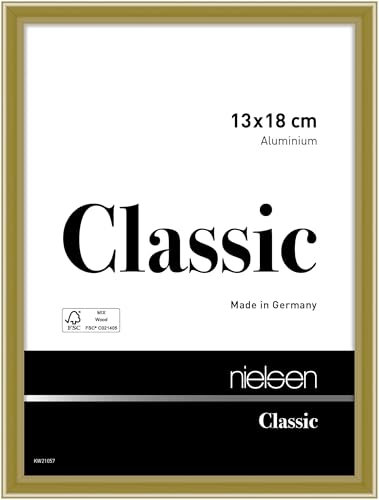 nielsen Bilderrahmen, 13 x 18 cm, Aluminium, Gold glanz, Fotorahmen zum Auftstellen und Aufhängen im Hoch- & Querformat, Echtglas, Classic