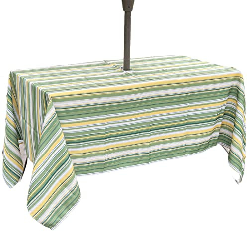 Eternal Beauty 132x178cm Recatngle Green & Yellow Stripe Indoor Outdoor Splashproof Tablecloth with Umbrella Hole and Zipper for Patio Garden Party and BBQ (52x70 Inch)