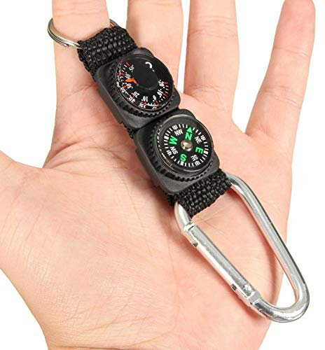 LKMY 4 in 1 Mini-Mehrzweck-Notfall-Überlebenswerkzeug, Kompass, Thermometer, Karabiner, Schlüsselbund, Pfeife