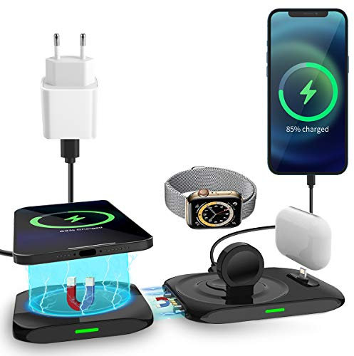 AICase Chargeur sans Fil Magnétique, 4 en 1 Chargeur Induction Compatible avec Mag Safe Chargeur,15W Station de Charge pour iPhone 12/12 Pro/12 Pro Max/Mini,iWatch, AirPods Pro avec QC 3.0 Adaptateur