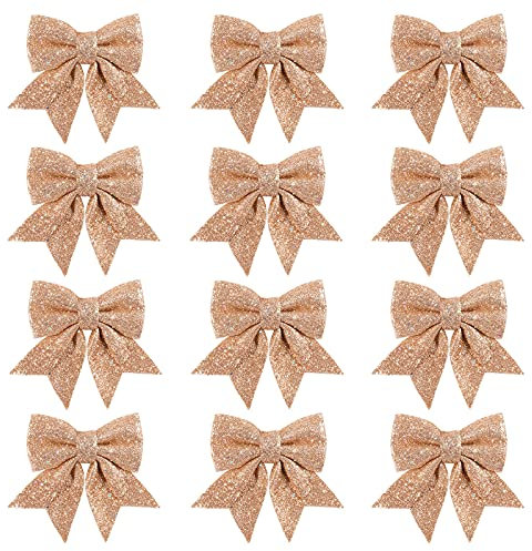 Whaline 12 Stück Weihnachtsschleifen, glitzernde Rotgold-Kränze, Schleifen, kleine Weihnachtsbaum-Schleife, Pailletten-Fliege, Weihnachtsdekoration, Ornamente für Zuhause, Weihnachtsfeier, 14 cm
