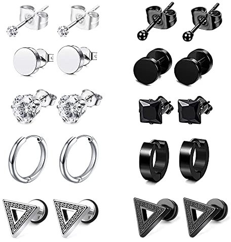 Thokono 10paar Ohrringe Set Edelstahl für Herren Damen, Allergiefrei Ohrstecker Stecker Creolen Zirkonia Ohrstecker Set Fake Plugs Ohrschmuck Hoop Piercing Ohrring Unisex Schwarz Silber