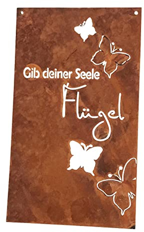 Schild mit Spruch 'Gib deiner Seele Flügel' 37x22 cm im Rost Design - Wandschild, Wandtafel, Tafel, Rostschild, Rost Deko, Friedhof, Gartendeko