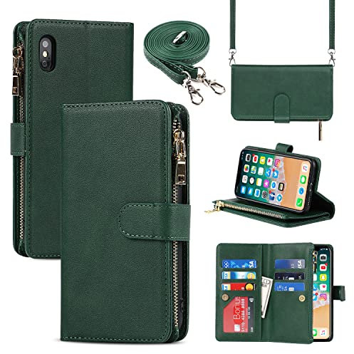 Cavor Crossbody iPhone XS Max Case With Card Holder With Strap,Flip Leather Wallet Case,[9 Card Holder] Zipper Detachable Lanyard Phone Case Cover for Women for iPhone XS Max - Dark Green