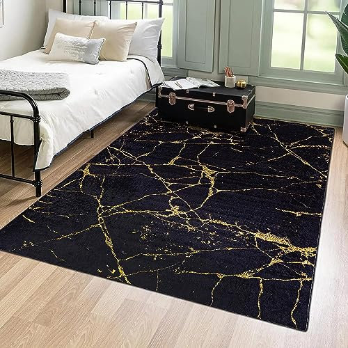 Mazovia Modern Teppich - Kurzflor Waschbar - Weich Teppich für Wohnzimmer, Schlafzimmer, Esszimmer – Teppiche Marmor Abstrakt Muster - Schwarz Gold 80 x 150 cm
