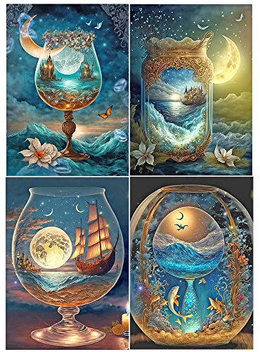 Diamond Painting Lot de 4 40x50 cm 5D Peinture au Diamant pour Adultes Bouteille en Verre à Vin Bateau à Voile Ciel étoilé Lune Poisson Mer Diamond Painting Paysage Grand Format Peinture par Numéros