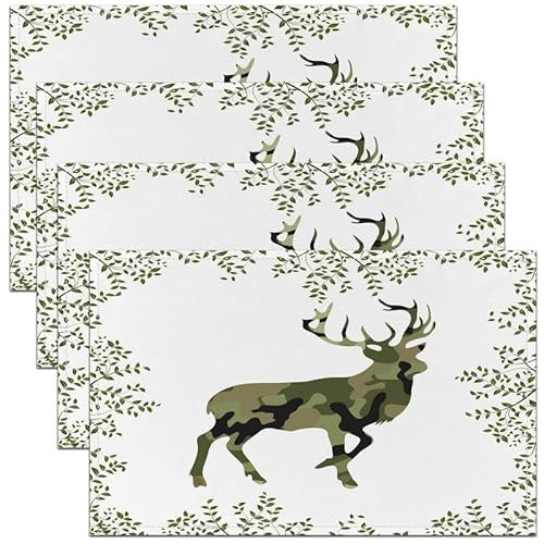Hirsch Jagd Küche Party Tischsets Niedlich Hirsch Tisch Platzsets 4er Set für Teens Niedliche Geweih Stoff Tischsets Platzset Western Bauernhaus Blätter Grün Weiß Platzsets für Esstisch 18 x 12