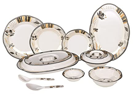 36 Piece Melamine Dinnerware Contemporary Flower Print Design Set, Shatterproof, Lightweight, Artisanal Double Bead Plates & Bowls, Solid Reactive Glazes Dinner (Grey & Orange)