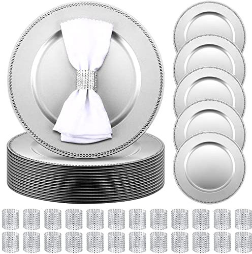 Rtteri 24 Set Charger Plates Set Bulk 24 Plastic Plate Chargers and 24 Napkin Rings, 13 Inch Round Dinner Chargers for Table Setting Wedding Party Baby Shower Event Decoration(Sliver)