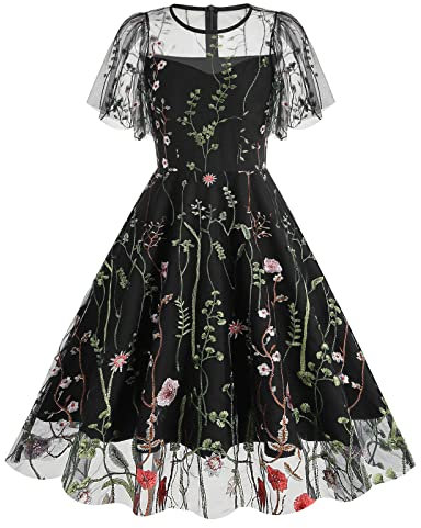 Damen Kleid mit Schlüssellochausschnitt, Blumenstickerei, durchsichtiges Netzgewebe, Illusion, Vintage-Cocktailkleid, Swing-Kleid, Hochzeit, Party, Abschlussball, Schwarz – Rüschenärmel, Groß