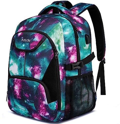 PUSLOM School Backpack School Bags Teens Galaxy Backpack Unisex Lightweight 30L College Rucksack Daypack USB Charging Port Water Resistant School Rucksack Fits 17.3 Inch Laptop, Galaxy Green