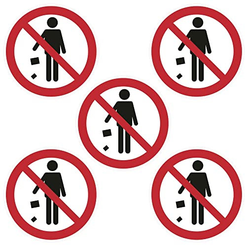Kleberio® Selbstklebende Aufkleber - Müll wegwerfen verboten - 10 cm 5 Stück Piktogramm wetterfest kein Entsorgen von Abfall auf Park-, Frei- und sonstigen Flächen, Hinweis - Aufkleber
