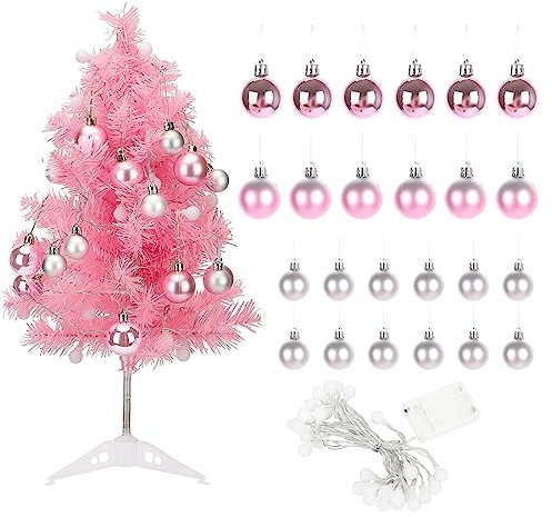 Mini árbol de Navidad Artificial Rosa, árbol de Navidad de Mesa, árbol Artificial Pequeño con Bolas de Purpurina, Luces LED de Pie, Mini árbol de Navidad para Decoración de Mesa de Navidad(#1)
