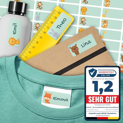 Namensaufkleber für Kinder (108 Stk. 30x13 mm) - Wasserfeste Namensschilder für Kleidung, Textilien und Gegenstände - Optimal für Kita, Kindergarten und Schule - Schöne Motive personalisierbar