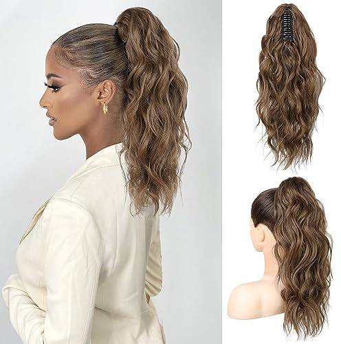 FLUFYMOOZ Ponytail Extension Pferdeschwanzverlängerung, 46 cm Klauenclip Pferdeschwanzverlängerung, gewellte lockige Klauenclip in Pferdeschwanz Haarverlängerungen (Mittelbraun mit Auburn)