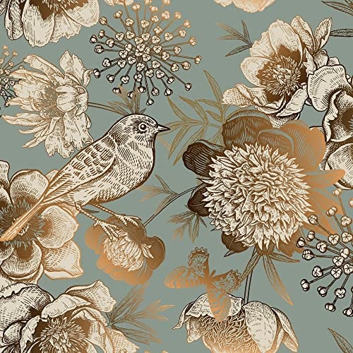 ReWallpaper 44.5cm×12m Papier Peint Adhesif Mural Chambre Turquoise Papier Peint Oiseaux et Fleurs Papier Adhesif pour Meuble Vintage Vinyle Adhesif Meuble Motif Fleur Papier Peint Adhesif Or