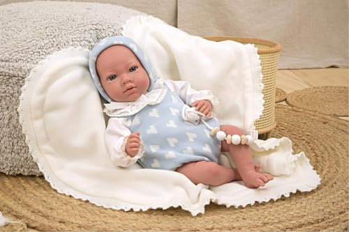 ARIAS - 40 cm Reborn Ian Puppe mit weißer Decke, Baby mit Vinylkörper, Blonder Pelz, weißer und rosa Kleidung, Schnuller und Schnuller, Spielzeug für Kinder ab +3 Jahren (ARI98142)