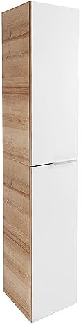 FACKELMANN B.Brillant Hochschrank hängend – Hängender Badezimmerschrank mit Front aus lackiertem Glas – Viel Stauraum & Soft-Close – Badschrank in Weiß & Eiche (30 x 162 x 32 cm)
