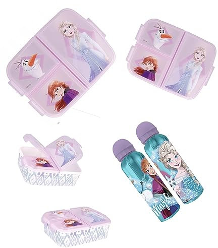 PELLECCHIA 1969 | Set Pranzo Scuola 2 Pezzi | Porta Merenda Scuola con 3 scomparti in Plastica BPA Free e Borraccia Alluminio da 500 ML (Frozen II)