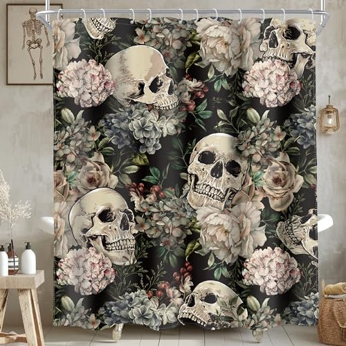 AMBZEK Rideau de douche 152,4 x 183 cm (l x L) - Motif tête de mort en sucre - Feuilles gothiques - Halloween - Squelette effrayant - En polyester imperméable - Décoration de salle de bain - Avec 12