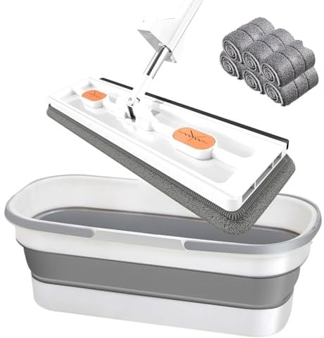 Trapeador plano grande, nuevo trapeador de microfibra 2024, trapeador de polvo giratorio 360 con raspador de deshidratación, trapeador plano grande de mango largo de acero inoxidable ajustable de 54c