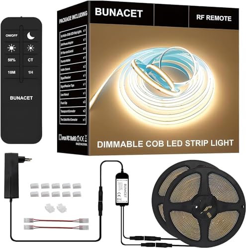 BUNACET COB LED Streifen 12M 24V, LED Strip Dimmbar Warmweiß 3000K, CRI90+ Flexibel LED Band, 8mm Breit, LEDs mit Netzteil RF Fernbedienung für Küche, Schlafzimmer, Wohnzimmer, Schrank, Innen