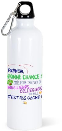Gourde 750ml Collègue Bouteille d’Eau Aluminium Personnalisable Prénom Réutilisable Ecologique Bouchon Vissé, Mousqueton. Idée Cadeau Humour Homme Femme Sport Bureau Anniversaire Noël