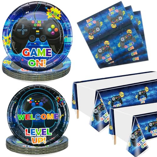 Video Game Party Supplies Serve 40 - 122Pcs Plates Napkins Tablecloth for Boys Gamer Gaming Controller Party Supplies