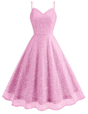 Odizli Glitzerkleid Damen Pailettenkleid Sexy Glitzer Pailletten Spaghettiträger Swing Partykleid Rockabilly 50er Jahre Vintage Cocktailkleid Festliche Party Kurz Ballkleid Abendkleid Rosa L