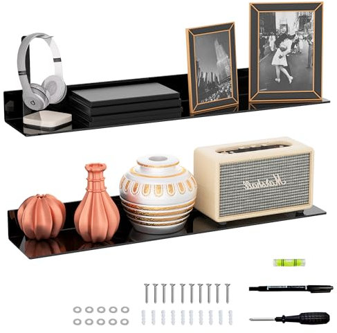 Sezanrpt 76cm Acryl Lange Wand Regal Set von 2, schwarz an der Wand befestigte Acryl Badezimmer Aufbewahrungsregale Display Organizer, 2 Pack(76cm)