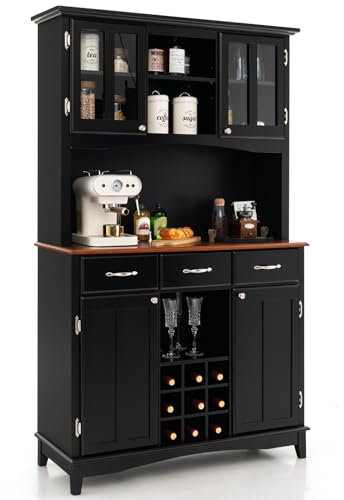 TANGZON Kitchen Storage Sideboard, Cupboard Storage Cabinet with Countertop, 9 Wine Compartments, Drawers, Adjustable Shelves and Glass Doors, Living Room Freestanding Buffet Storage Units (Black)