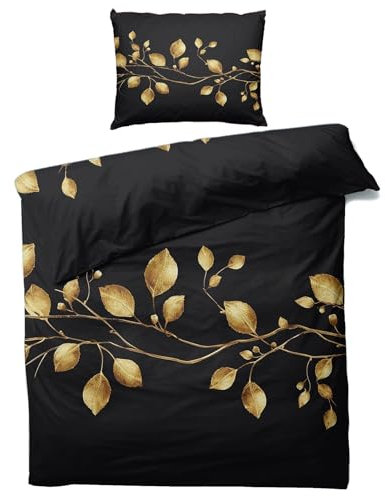 MOBEITI Schwarz Gold Blätter Bettwäsche 135x200, Zweige Wendebettwäsche, Weiche Kuschelige Mikrofaser Bettbezug Set 2teilig, 1 Kissenbezug 80x80, mit Reißverschluss -MO&208