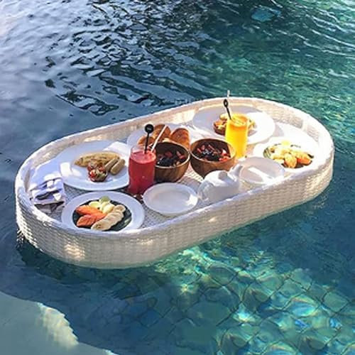 Rattan-Tablett für Pool-Strandparty,kreatives elliptisches Getränketablett für Pool,handgefertigtes Essen,schwimmender Teller für Pool-Strandparty (Farbe: Weiß,Größe: 100 x 50 x 20 cm)