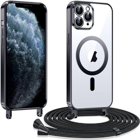 Kokio Handykette Hülle für iPhone 11 pro mit Band, Magnetische Transparent Handyhülle Kompatibel mit MagSafe, Kratzfeste Stossfest Schutzhülle mit Einstellbar Kette,Schwarz