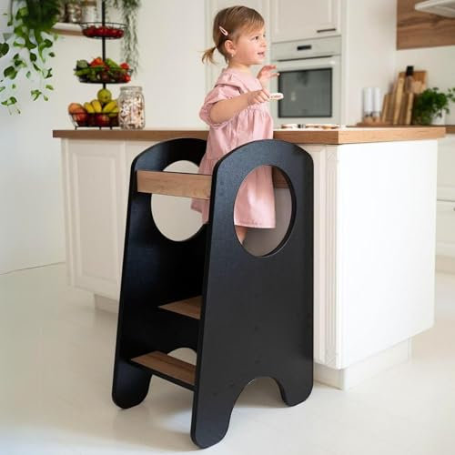 KIDIE Kinder Lernturm ab 1 Jahr, Montessori Höhenverstellbar Lernstuhl Baby, Toddler Learning Tower - Schwarz