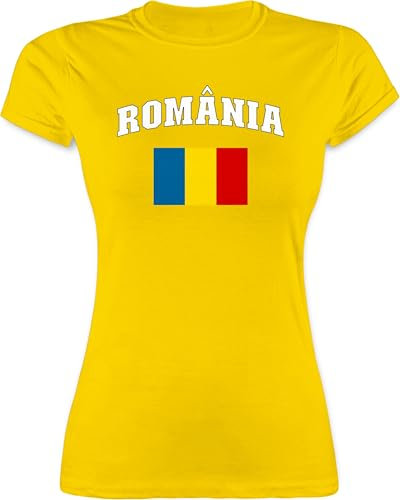 Shirt Damen - Fußball EM WM - România Schriftzug mit Flagge | Rumänisch | Romania | Rumänien - S - Gelb - t-Shirt fußballtrikot Europameisterschaft rumänische Tshirt wm-Shirts Fussball