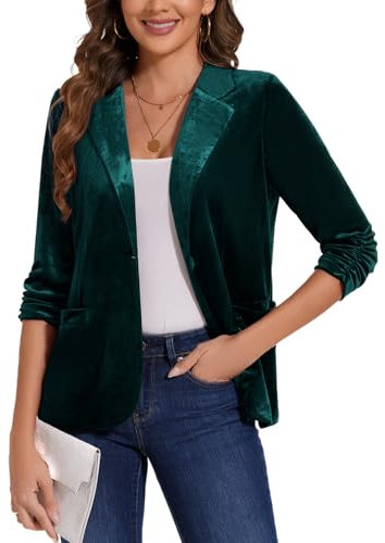 MINTLIMIT Vintage Retro Velvet Suits 3/4 Sleeves Half Lined Ladies Jackets with Pockets Business Attire Trendy Womens (Green M)