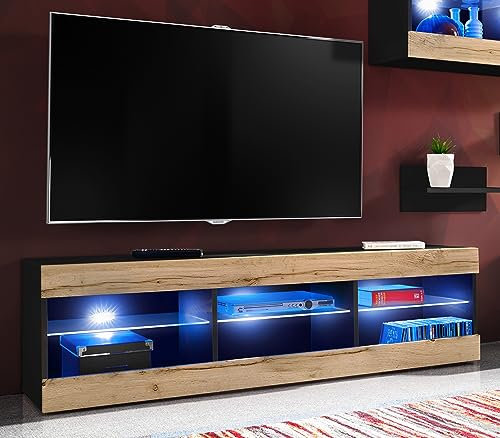 Komodee TV Schrank Tivoli, Wotan/Schwarz, Breite 140cm x Höhe 40,5cm x Tiefe 35,5cm, LED Blau, für Wohnzimmer, Schlafzimmer