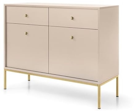 Emporius Zweitürige Sideboard 100 cm Monti - Kommode mit Schubladen - Gold Griffen, Hohe Füße - Beige + Gold