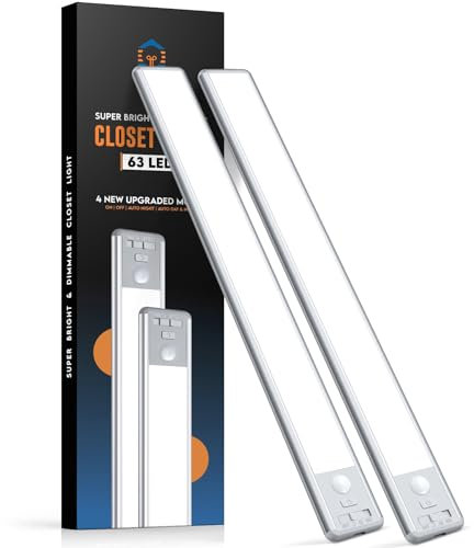 Reoshine 63 LED Closet Lights Motion Sensored, 2500mAh Rechargeable Under Cabinet Lighting, Dimmable & Magnetic Light Bar for Kitchen Cabinets, Hallways (2 Pack)
