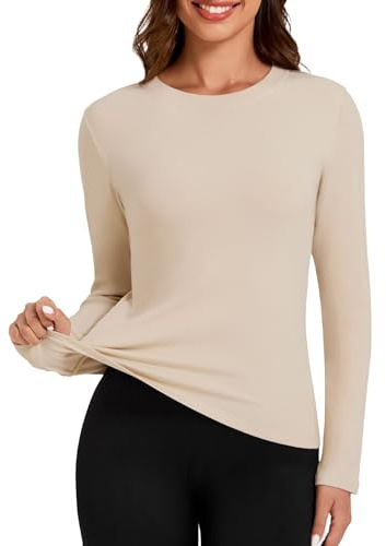 Harlamvar Women's Warm Base Layer Tops Long Sleeve Lightweight Underwear Shirt Winter Round Neck Undershirt Light Apricot
