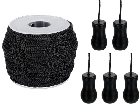 sourcing map 45,7 m lange Raffrolloschnur 1,8 mm geflochtene Schnur mit 5 Holz-Rollo-Zugschnur, Anhänger für Jalousien, Raffrollos, Basteln, Schwarz