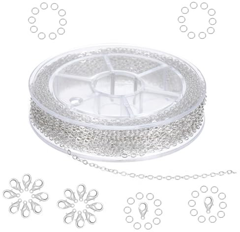 Silber Ketten Seiber Machen Set 10m Edelstahl Schmuckkette 1,5 mm Gliederkette zum Silikonperlen Schmuck Kette mit Karabinerverschluss & Sprung Ringe Basteln Zubehör für Basteln Schmuckherstellung