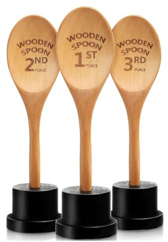 Junterone 3 Pieces Golden Spoon Award Trophies Set Chili Cook Off Wood Spoon Prizes Wooden Engraved with Trophy Base Cooking