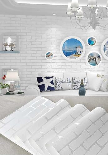 WPE® Textured Vinyl Vintage White Brick 3D Wallpaper Roll – Paste The Wall – Realistic Brick Look with Subtle Shimmer – Washable & Easy to Hang – 9.5m x 53cm - Rustic Wall Décor for Home 2201