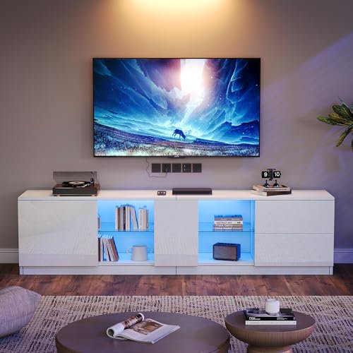 Jaxenor 160cm Hochglanz TV Lowboard mit LED-Beleuchtung, TV Board mit 2 Schubladen und 1 Schranktür, Modern Fernsehschrank, Fernseher Schrank für Wohnzimmer, TV Schrank, Weiß