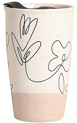 ANTIS'S HOME Ceramic Coffee Mug with Lid, Beige Double Wall Coffee Travel Mug with Art Floral Design, Reusable Tumbler Tea Cup, Splash Resistant Lid, Dishwasher Microwaveable Safe