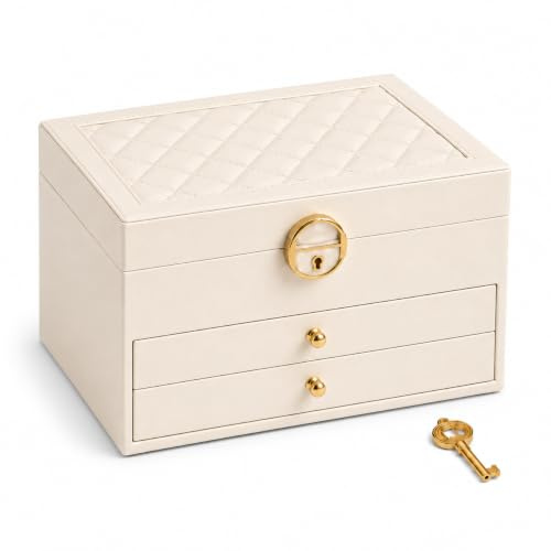 Luxury White Jewellery Box with Lock & Key for Women – 3 Tier Large Jewellery Organiser 23x17x13cm with Removable Trays, Velvet Lining, Ring, Earring & Watch Storage – Gift for Wife Girlfriend Mum
