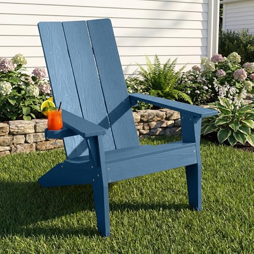 Adirondack Stuhl mit Getränkehalter für Outdoor Garten: Wetterfest Adirondack Chair Kunststoff HIPS - Ergonomisch Adirondack Relaxsessel Outdoor Stuhl für Balkon/Feuerstelle/Terrasse/Beach(Navy)